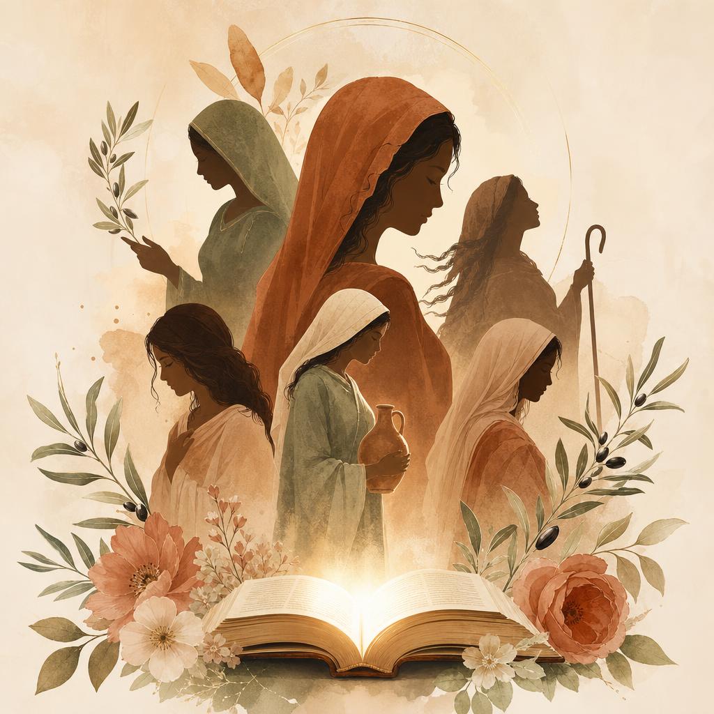 Capa do e-book Mulheres da Bíblia com ilustração de mulheres bíblicas e uma Bíblia aberta